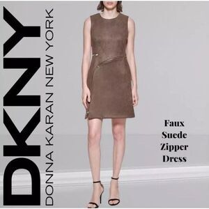 DKNY Women's Zipper Trim Faux Suede Sheath Beige Midi‎ Dress Size 14 Brand New